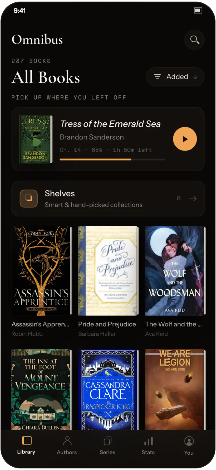 The library on Android, with a continue card and a wall of covers.