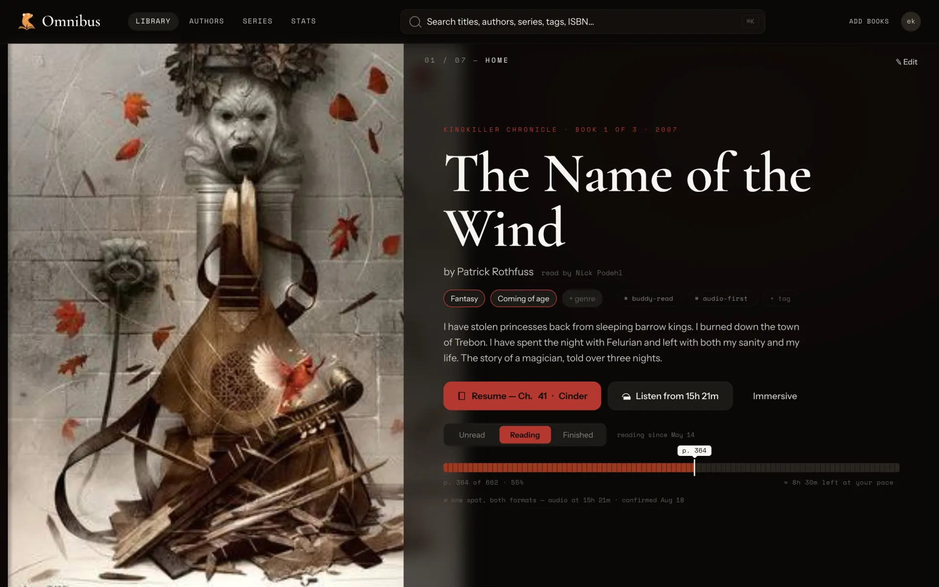 A book page for The Name of the Wind, with resume, listen and read-status controls.