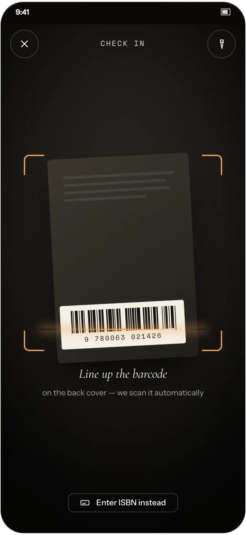 The check-in scanner lining up a book’s barcode.
