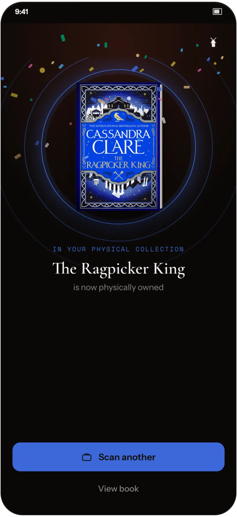 A scanned book confirmed as physically owned, offering Scan another or View book.