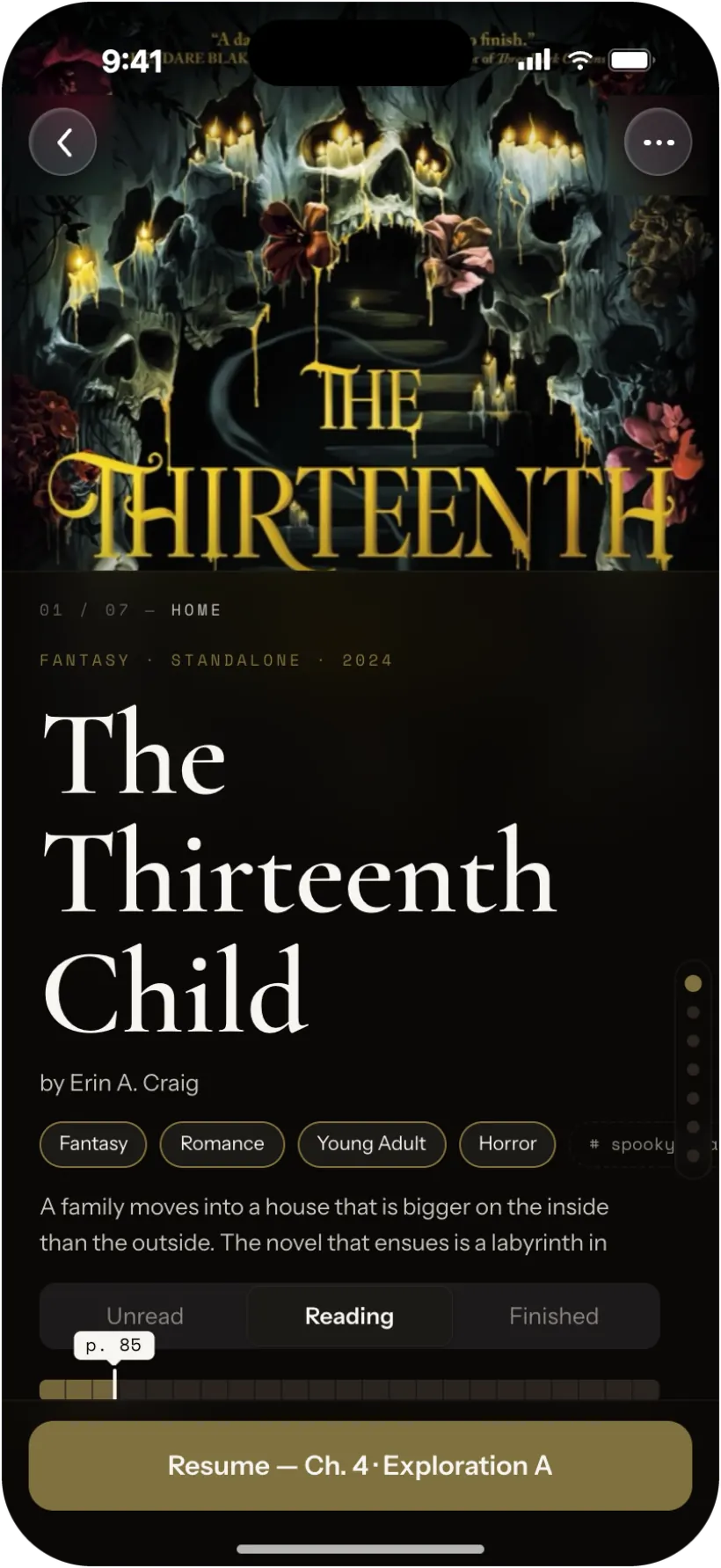 A book page in the native iOS app, resuming at chapter four.