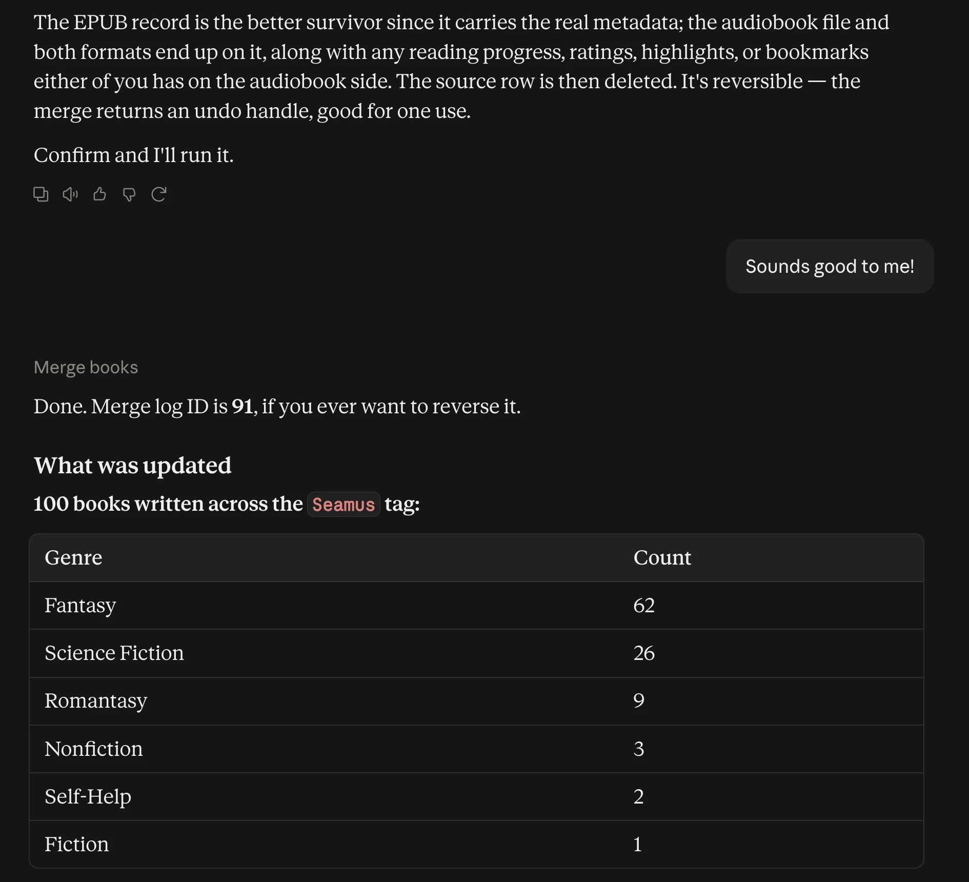 An MCP client merging a duplicate ebook and audiobook, reporting merge log 91 as the undo handle, then a table of the genres it wrote across 100 books.