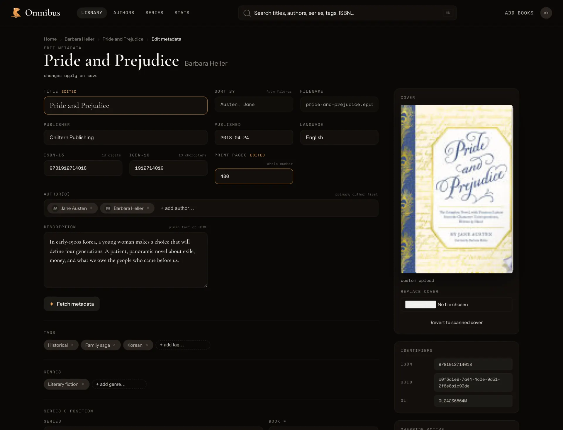 The metadata editor for a book, with edited fields marked and a save bar counting them.