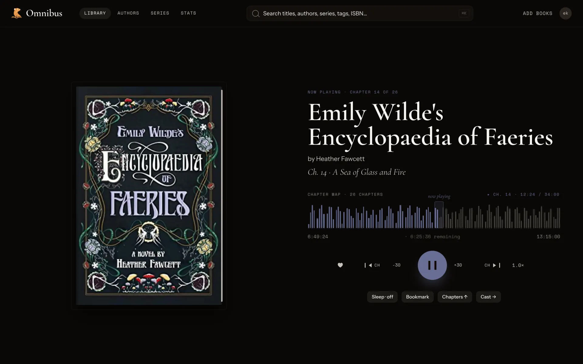 The audiobook player: cover art, chapter map, and transport controls.