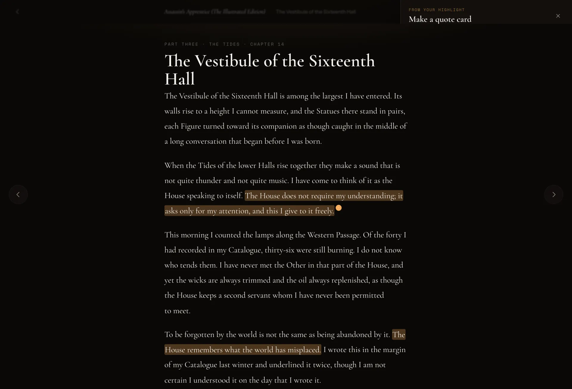 The EPUB reader with a highlighted passage and the quote-card composer open beside it.