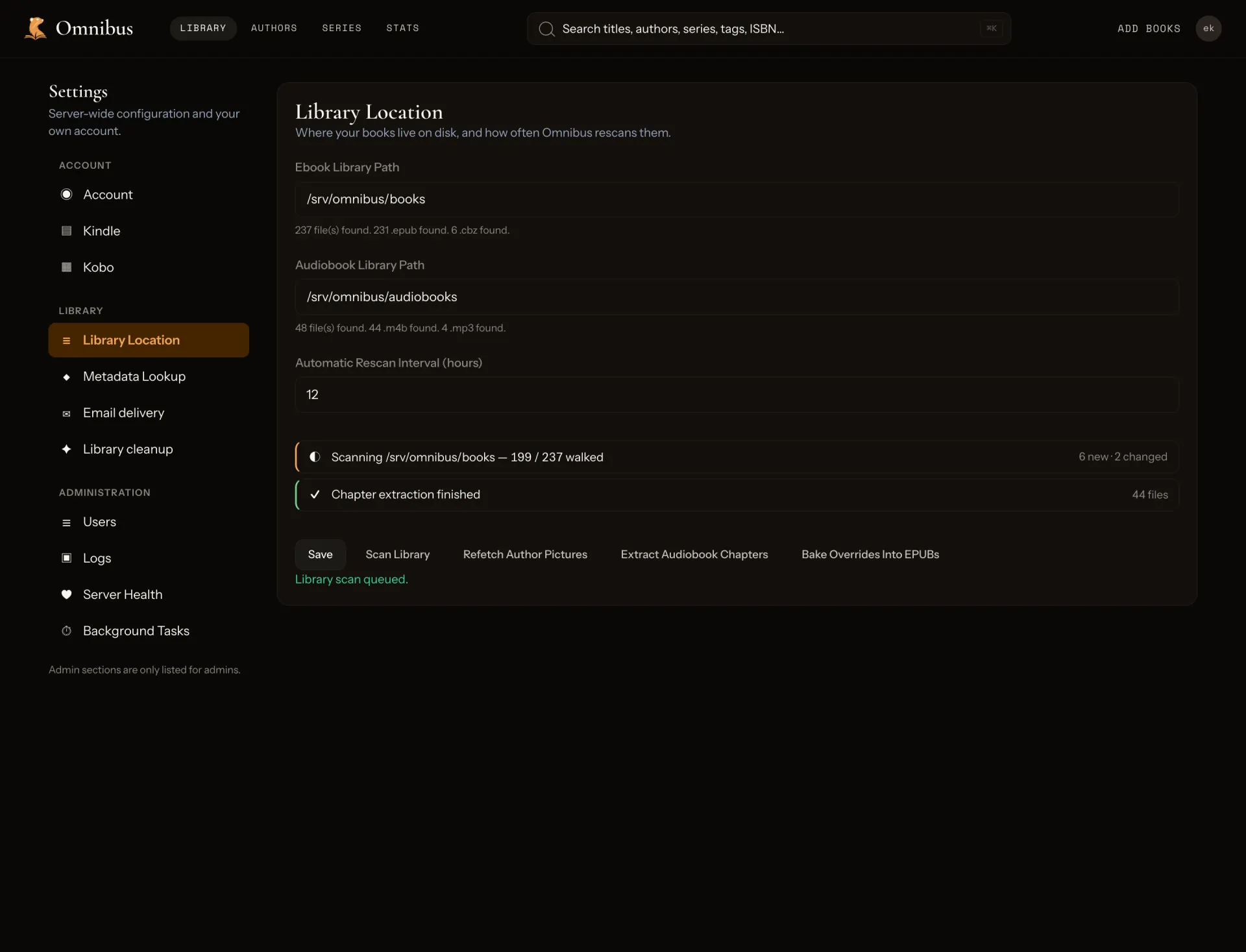 Settings showing the ebook and audiobook library paths and a scan in progress.