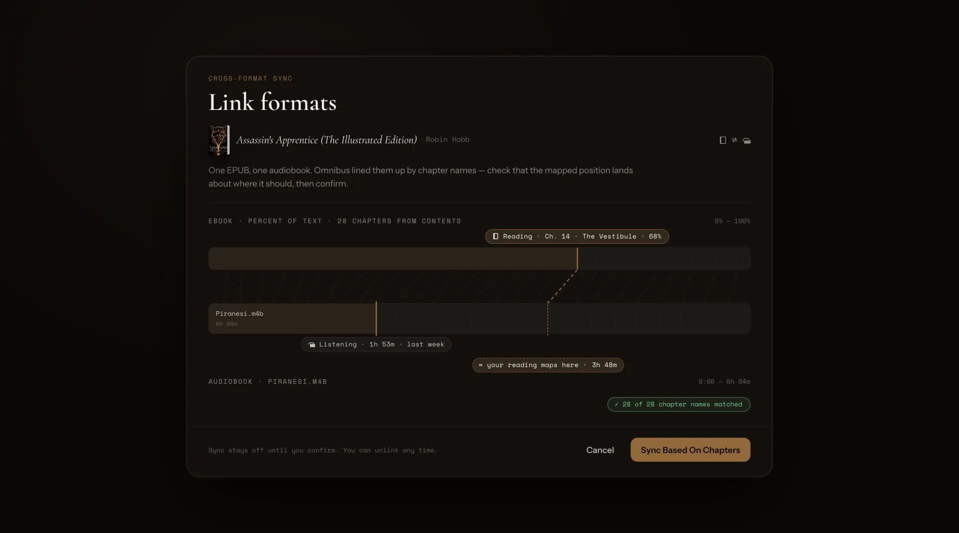 The Link formats dialog, mapping an ebook’s chapters onto its audiobook timeline.
