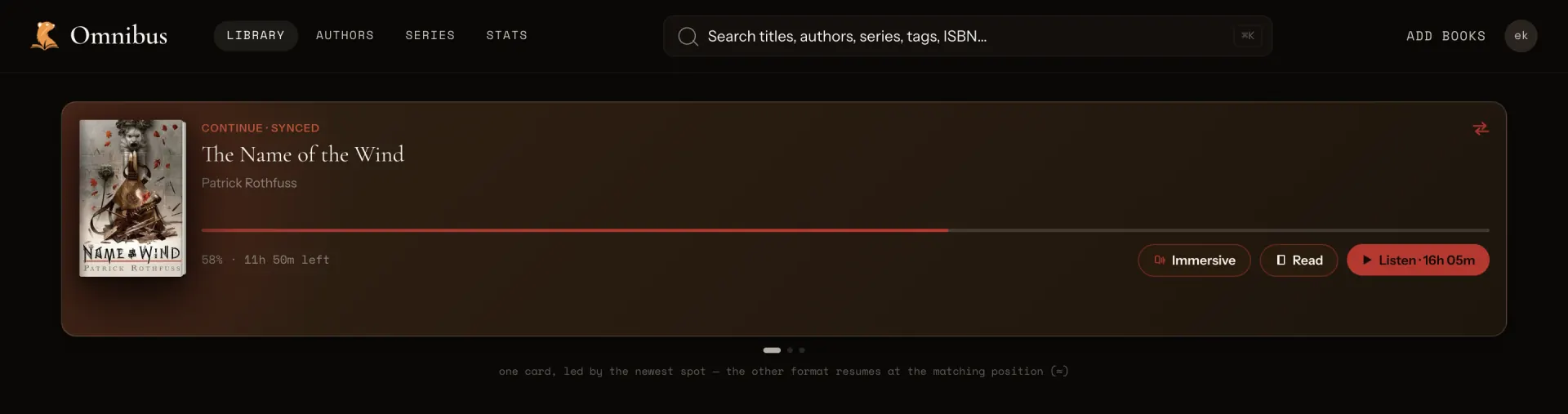A single continue card marked synced, offering Immersive, Read and Listen.