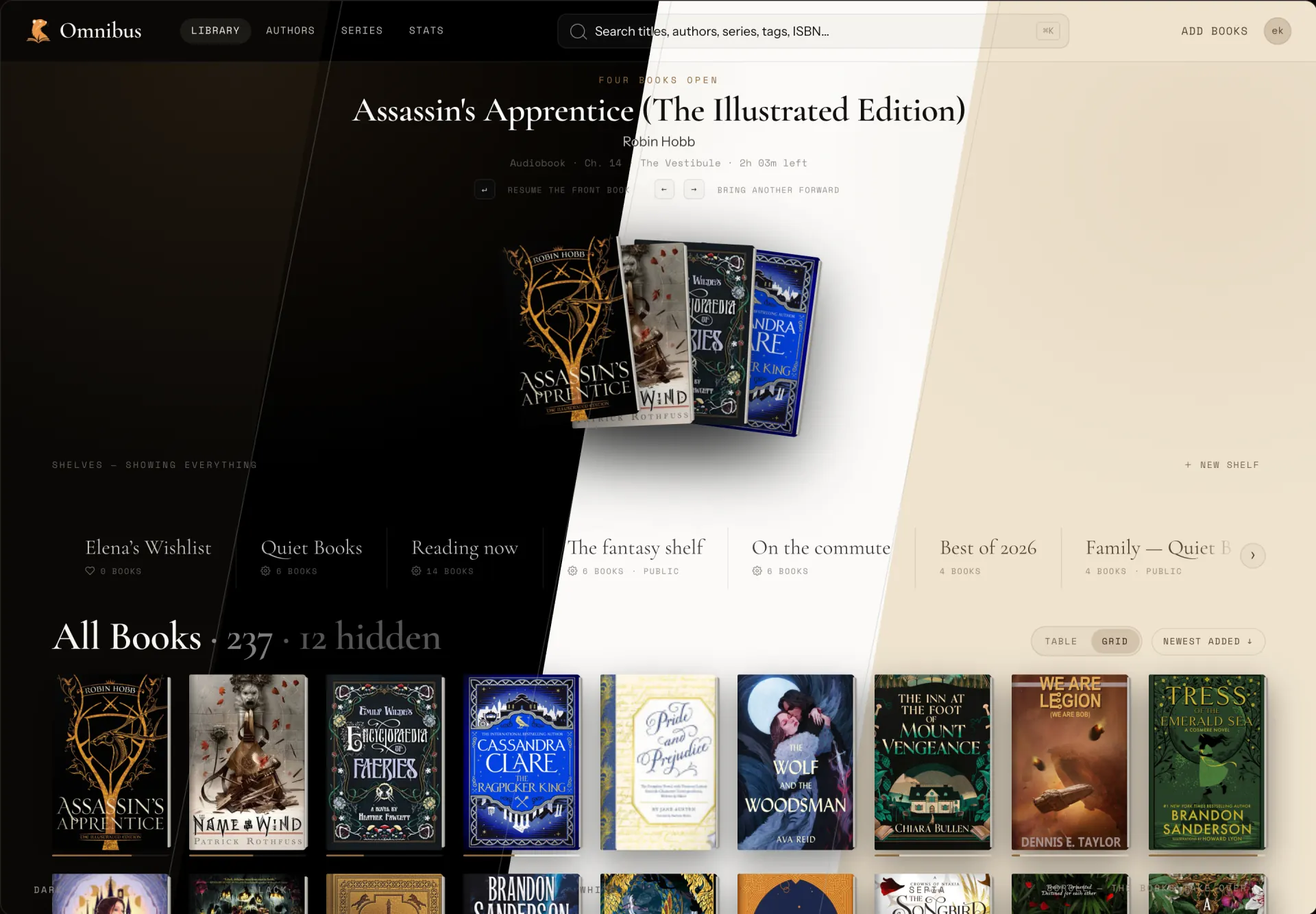 One library screen sliced diagonally into four colour themes: dark, black, white and sepia.